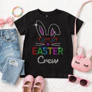 Girls “Easter Crew” Rhinestone Bunny Shirt – Sparkle Black Easter Tee